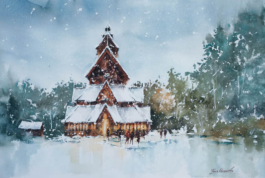 Oslo Gol Stavkirke During Winter • Original Artwork 2022075