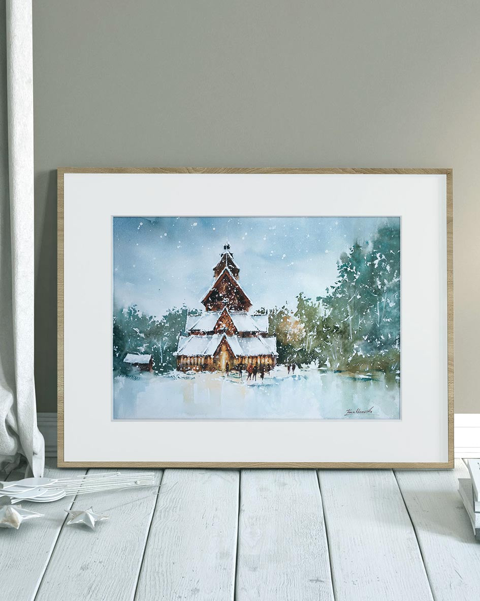 Oslo Gol Stavkirke During Winter • Original Artwork 2022075