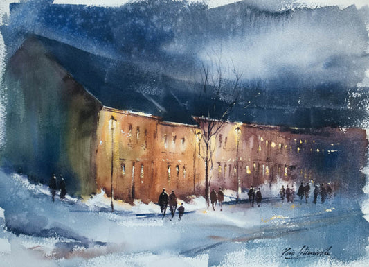 Bakklandet in Trondheim at night • Original Artwork 26x36cm