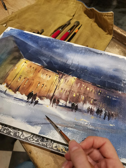Bakklandet in Trondheim at night • Original Artwork 26x36cm