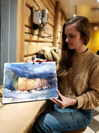 Bakklandet in Trondheim at night • Original Artwork 26x36cm