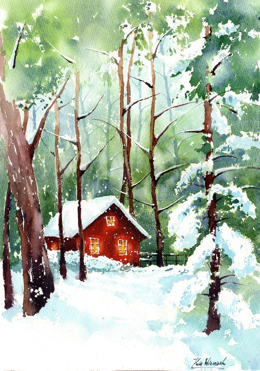 Norwegian winter cottage - hytte in the woods • Original Artwork 2025006